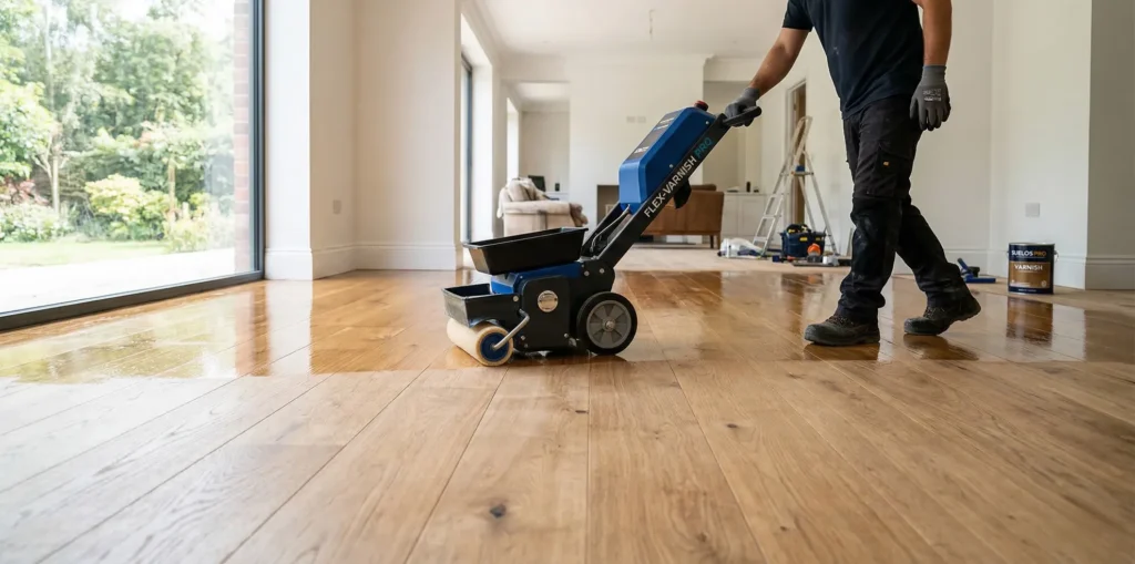 Empleado de pavisuelos barnizando el suelo con una máquina
